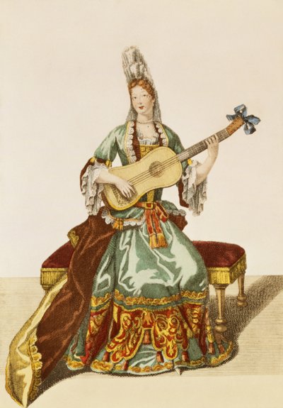 Lady of Quality Playing the Guitar, Fashion Plate, c.1695 by Nicolas Bonnart